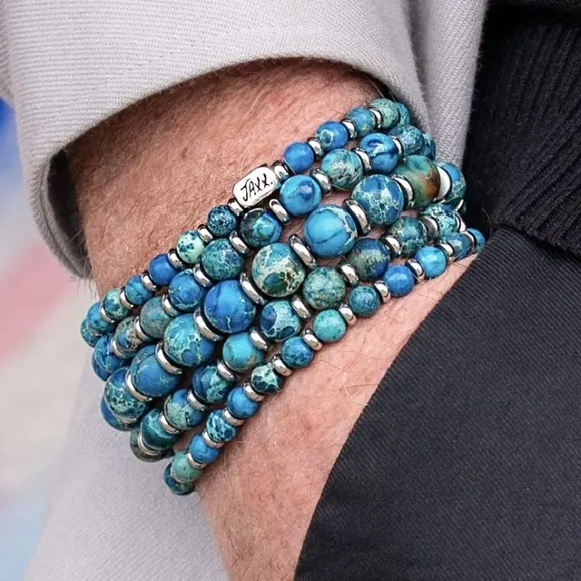 JaXX armband 6,8 en 10 mm AAA Imperial Jasper  zeeblauw met Sterling zilveren eindbead - Afbeelding 2