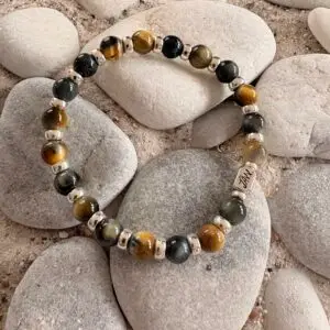 JaXX armband Tijgeroog multicolor blauw met Sterling zilveren tussenstukjes en eindbead