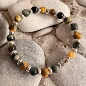 JaXX armband Tijgeroog 8mm multicolor blauw met Sterling zilveren tussenstukjes en eindbead