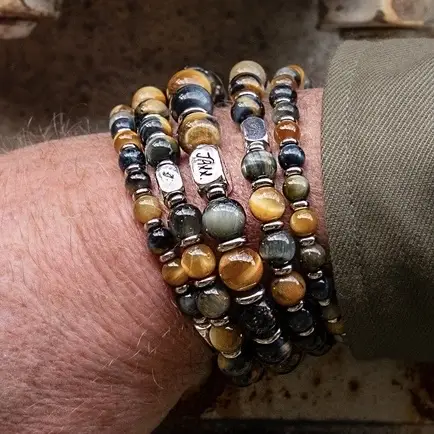 JaXX armbandset Tijgeroog multicolor blauw AAAA 6,8,10,8,6 mm met RVS Spacers en Sterling zillveren eindbead - Afbeelding 2