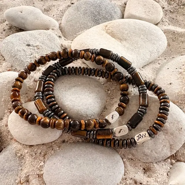 JaXX armbandset Tijgeroog bruin 6mm rondelles en cilinders Aaaa kwaliteit met Hematiet spacers en Sterling zilveren einfbead - Afbeelding 2