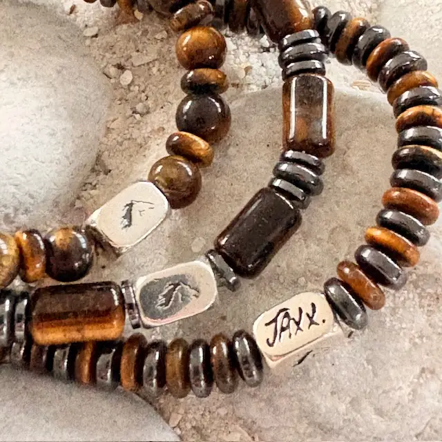 JaXX armbandset Tijgeroog bruin 6mm rondelles en cilinders Aaaa kwaliteit met Hematiet spacers en Sterling zilveren einfbead