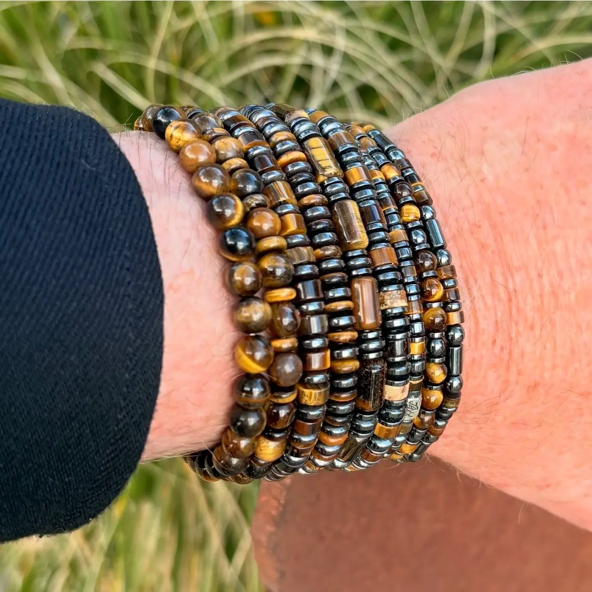 JaXX armbandset Tijgeroog bruin 6mm rondelles en cilinders Aaaa kwaliteit met Hematiet spacers en Sterling zilveren einfbead - Afbeelding 3