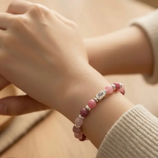 Hand wearing a colorful beaded JaXX bracelet in pink