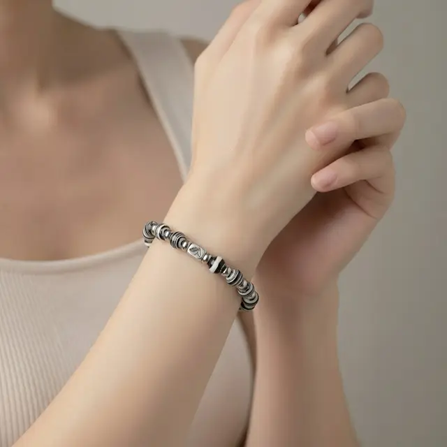 Close-up of a silver bracelet black and white