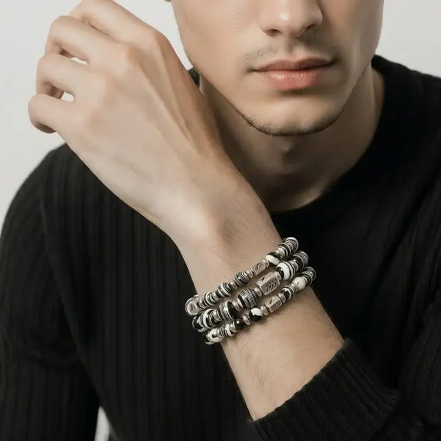 JaXX armband Cross Vintage Tibetaanse Agaat 6,8 en 10mm Black & White Stripes met sterling zilveren eindbead - Afbeelding 5