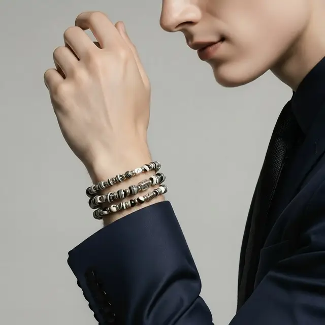JaXX armband Cross Vintage Tibetaanse Agaat 6,8 en 10mm Black & White Stripes met sterling zilveren eindbead - Afbeelding 8