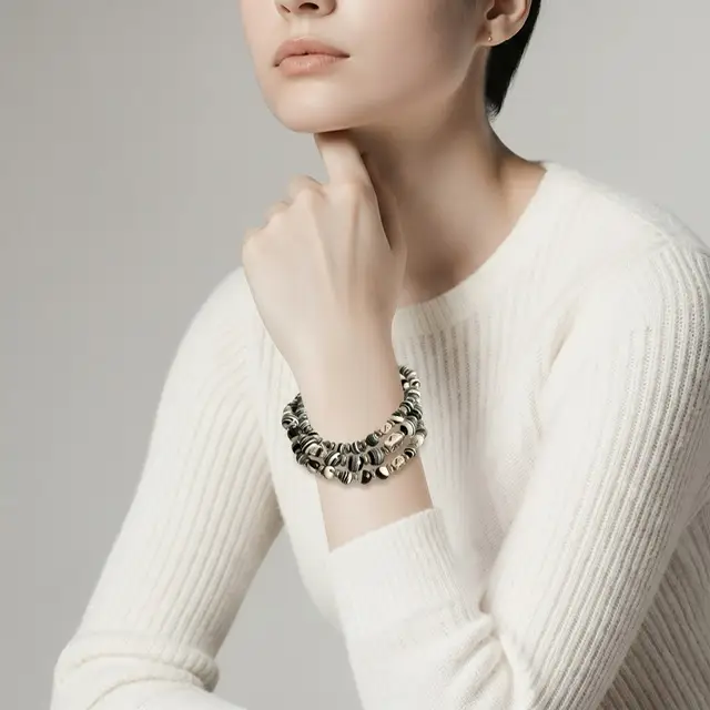 JaXX armband Cross Vintage Tibetaanse Agaat 6,8 en 10mm Black & White Stripes met sterling zilveren eindbead - Afbeelding 6